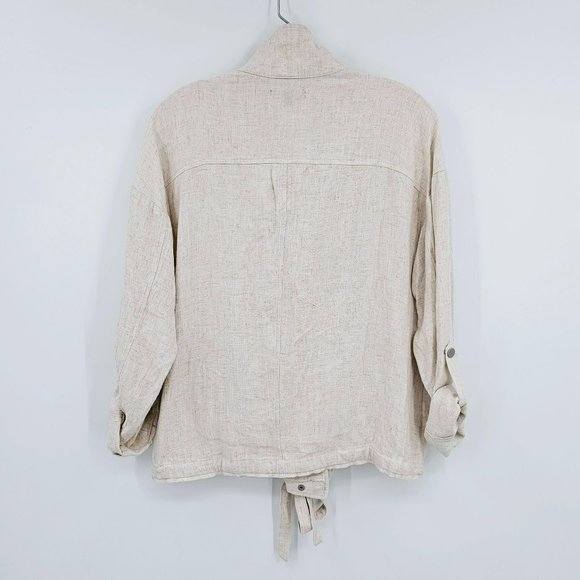 Staccato Moto Utility Jacket M Viscose Linen Zip Snap Roll Tab Sleeve Oatmeal - Picture 12 of 13